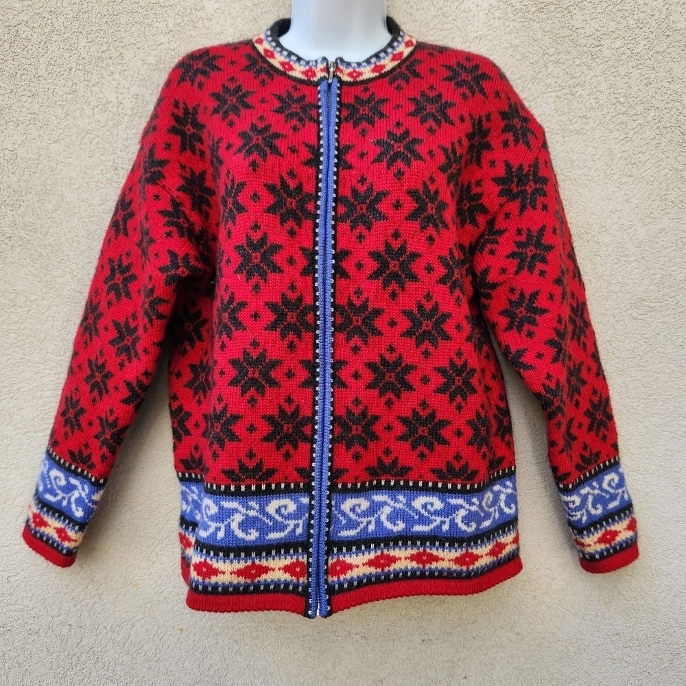 Vintage Rugged Bear Cardigan Women’s Small Red Blue Wool Nordic Zipper